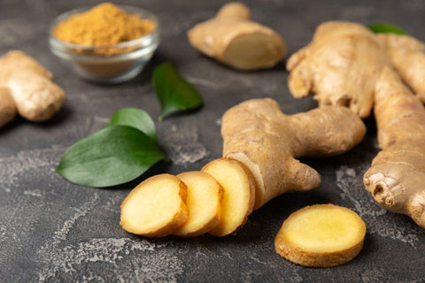 whole ginger root and sliced ginger